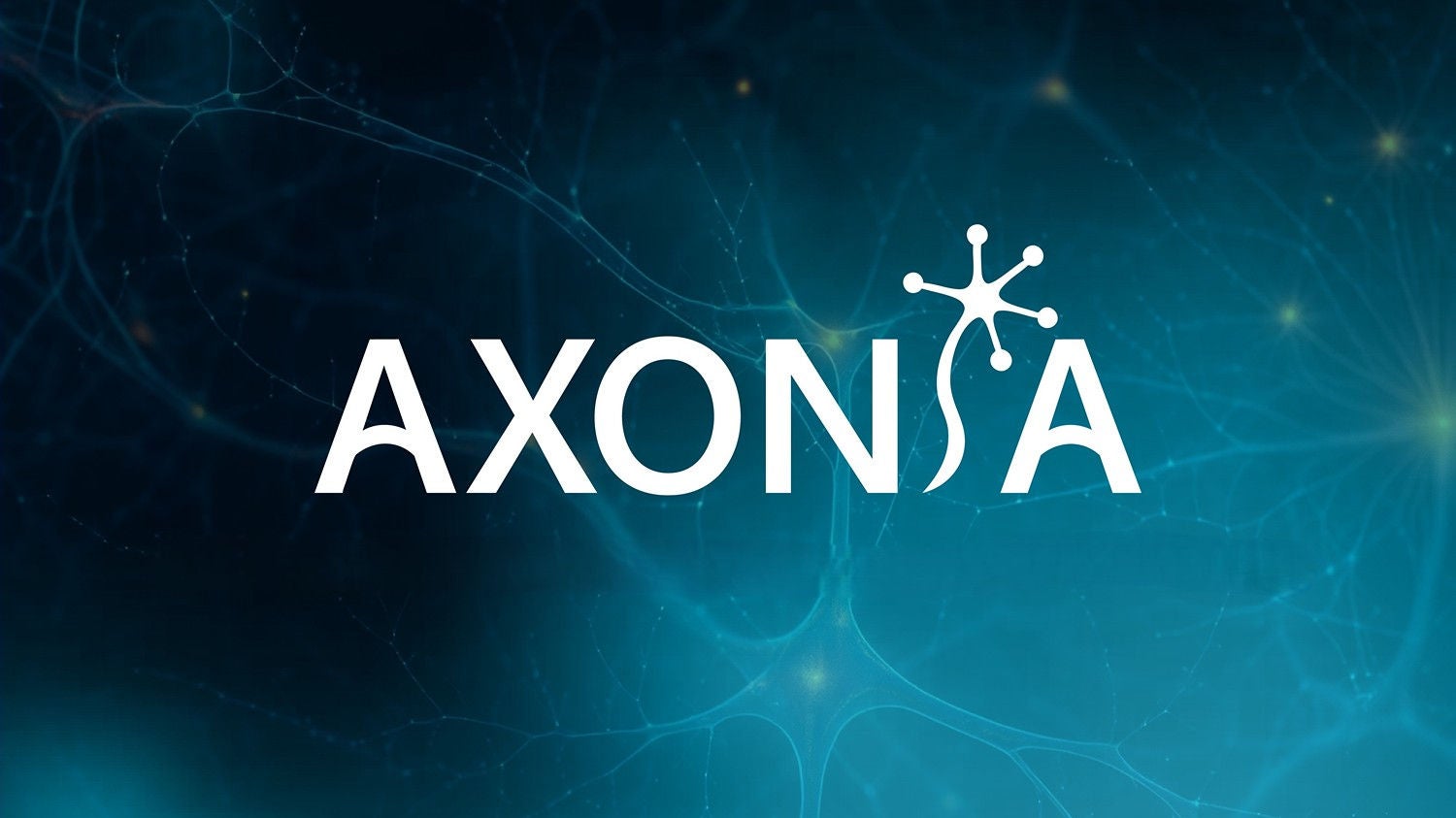 Logotipo blanco de "AXONSA" sobre un fondo azul degradado con un patrón de conexiones neuronales, donde la letra "S" está estilizada con la forma de una neurona.