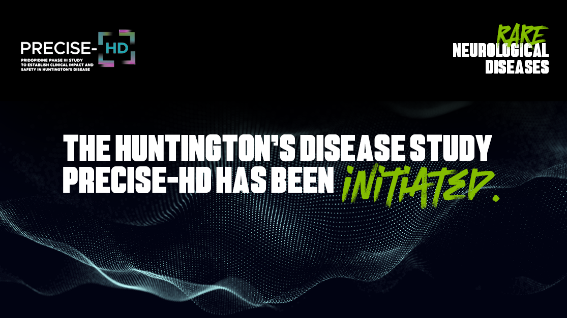 Banner on dark digital background announcing the start of the PRECISE-HD study on Huntington's disease.