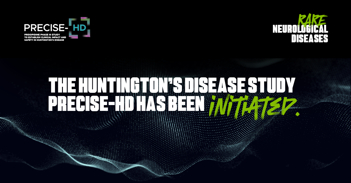 Banner sobre fondo digital oscuro anunciando el inicio del estudio PRECISE-HD sobre la enfermedad de Huntington.