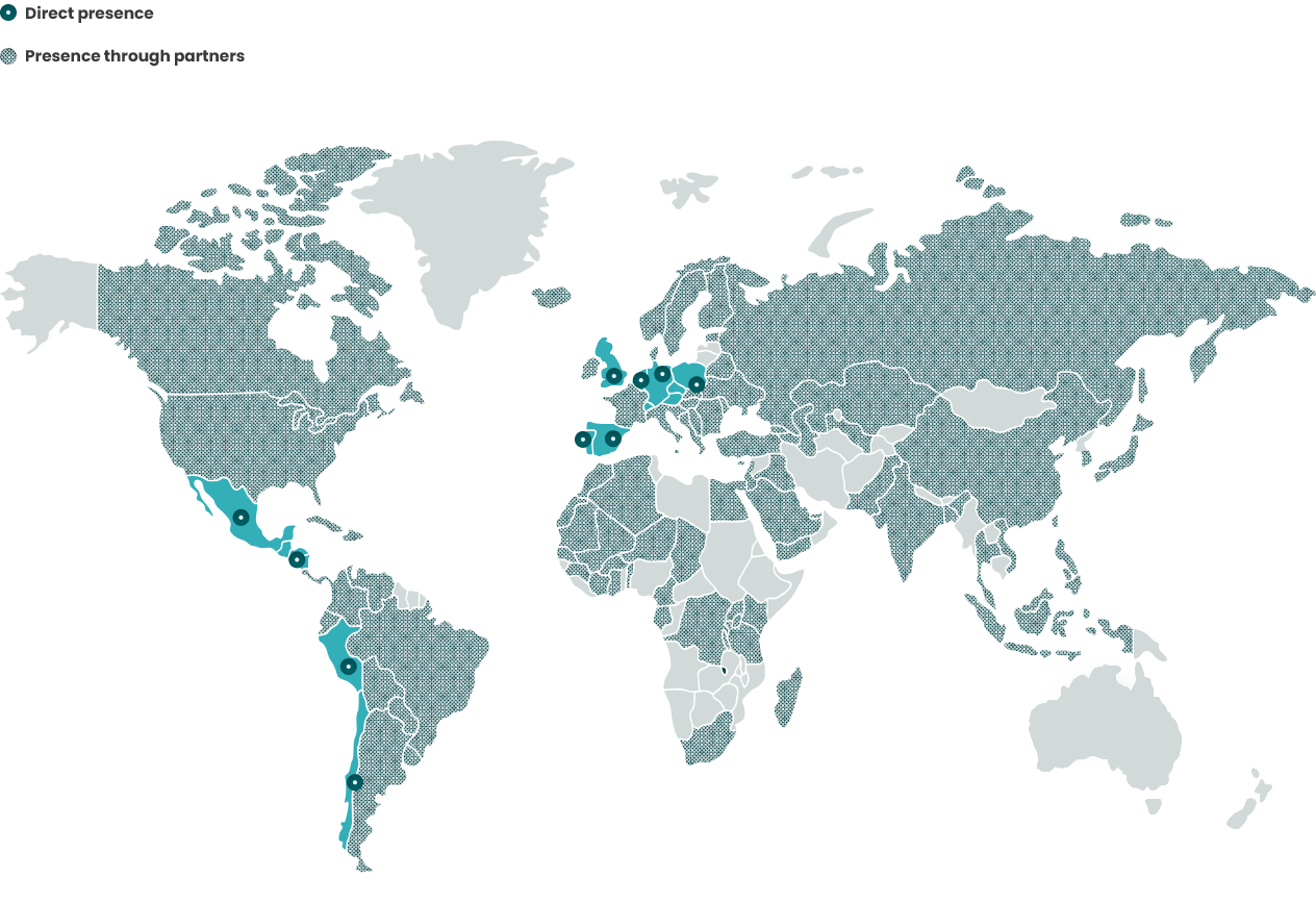 Ferrer's global map showing the different headquarters, subsidiaries and associated countries with a commercial presence.