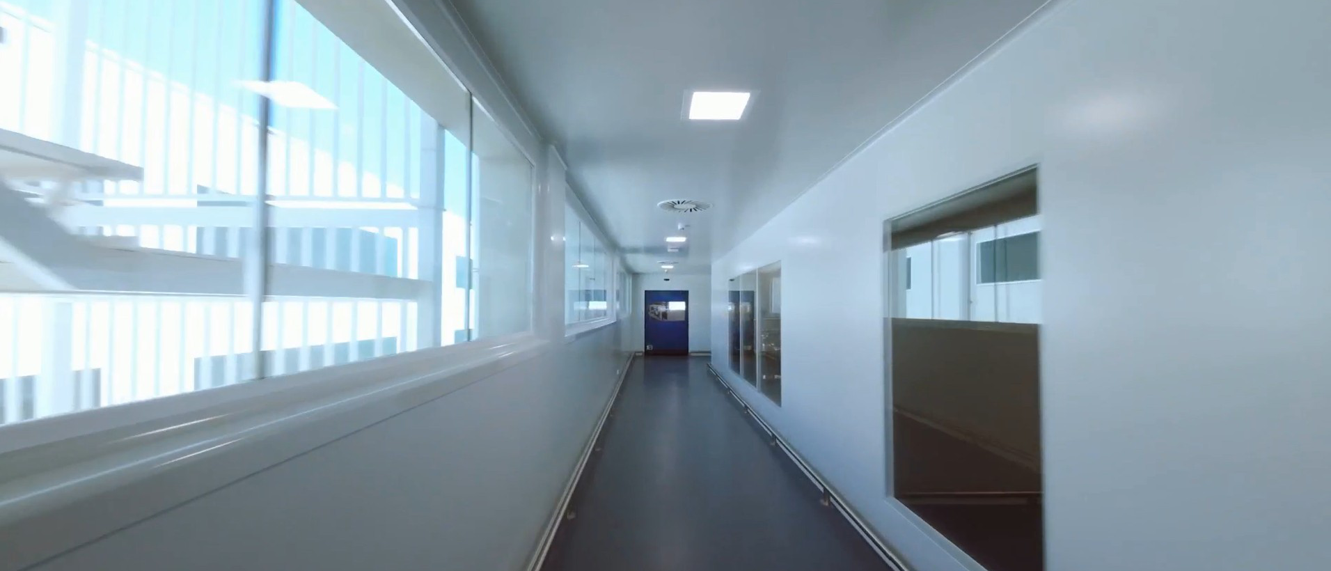 Interior corridor of the Ferrer facilities, with white walls, windows and access doors to different work areas