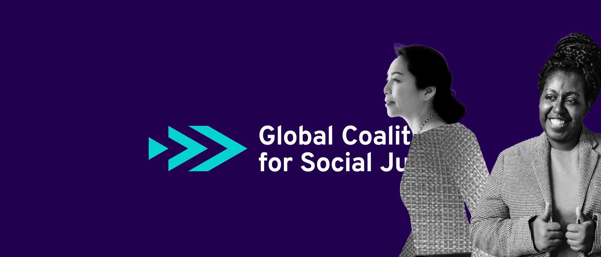 Graphic on a purple background of the Global Coalition for Social Justice, with the logo of the initiative and two people in black and white on the right.
