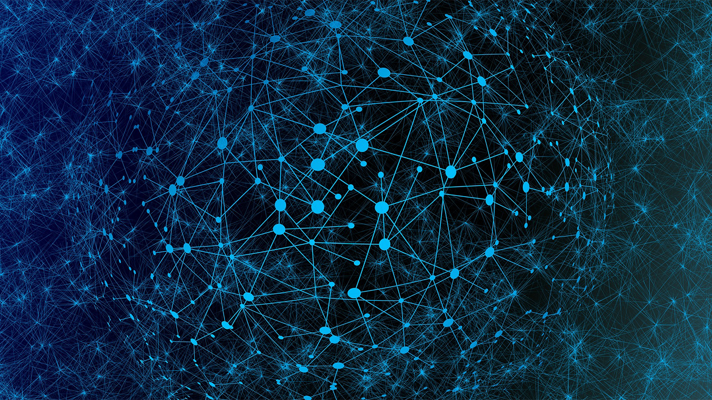 Una red abstracta de conexiones digitales y puntos luminosos azules interconectados sobre un fondo oscuro.