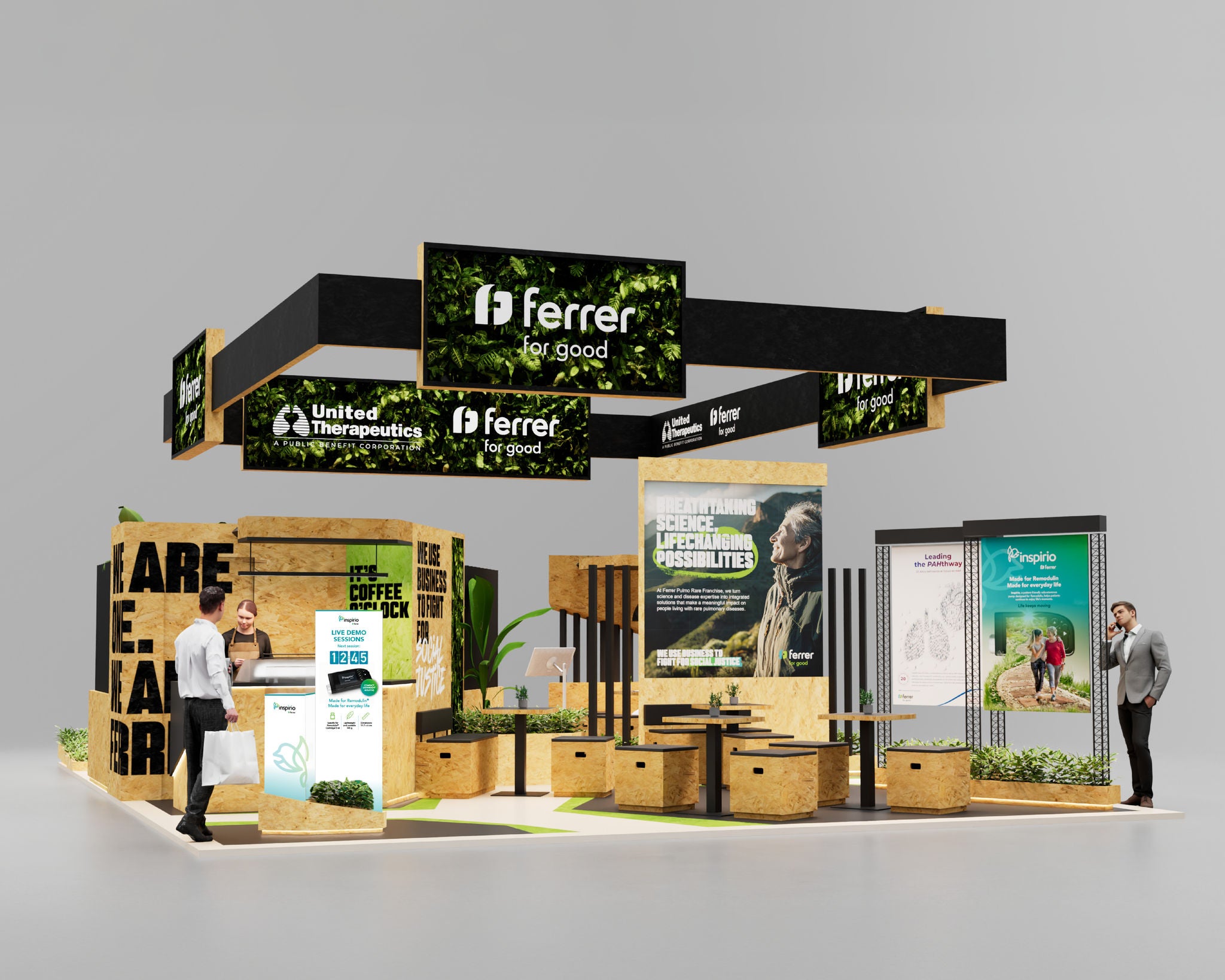 Render del estand de Ferrer con la zona de demostración de la bomba Inspirio, área de asientos para visitantes y pantallas de presentación.