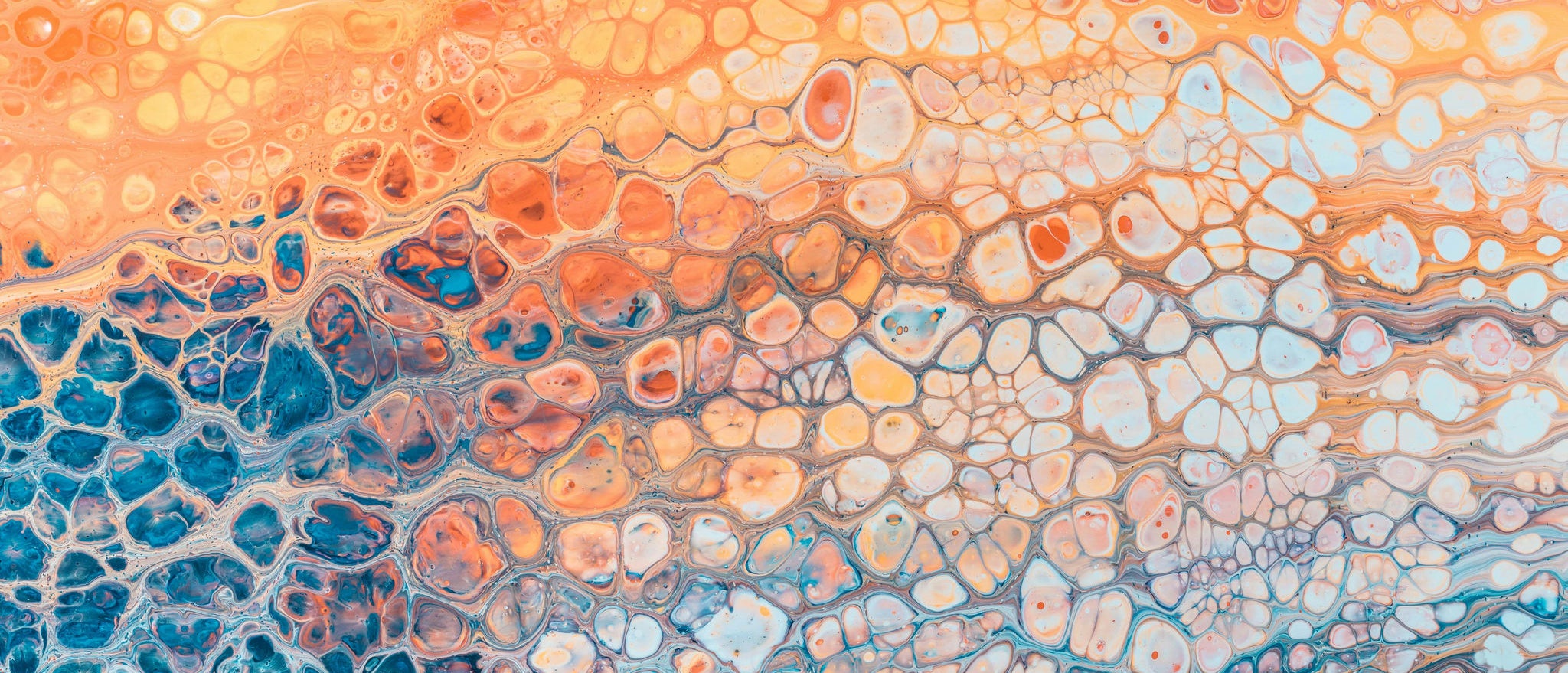 Abstract image with cellular shapes in orange, blue and white tones, evoking scientific research, biotechnology and innovation in health.