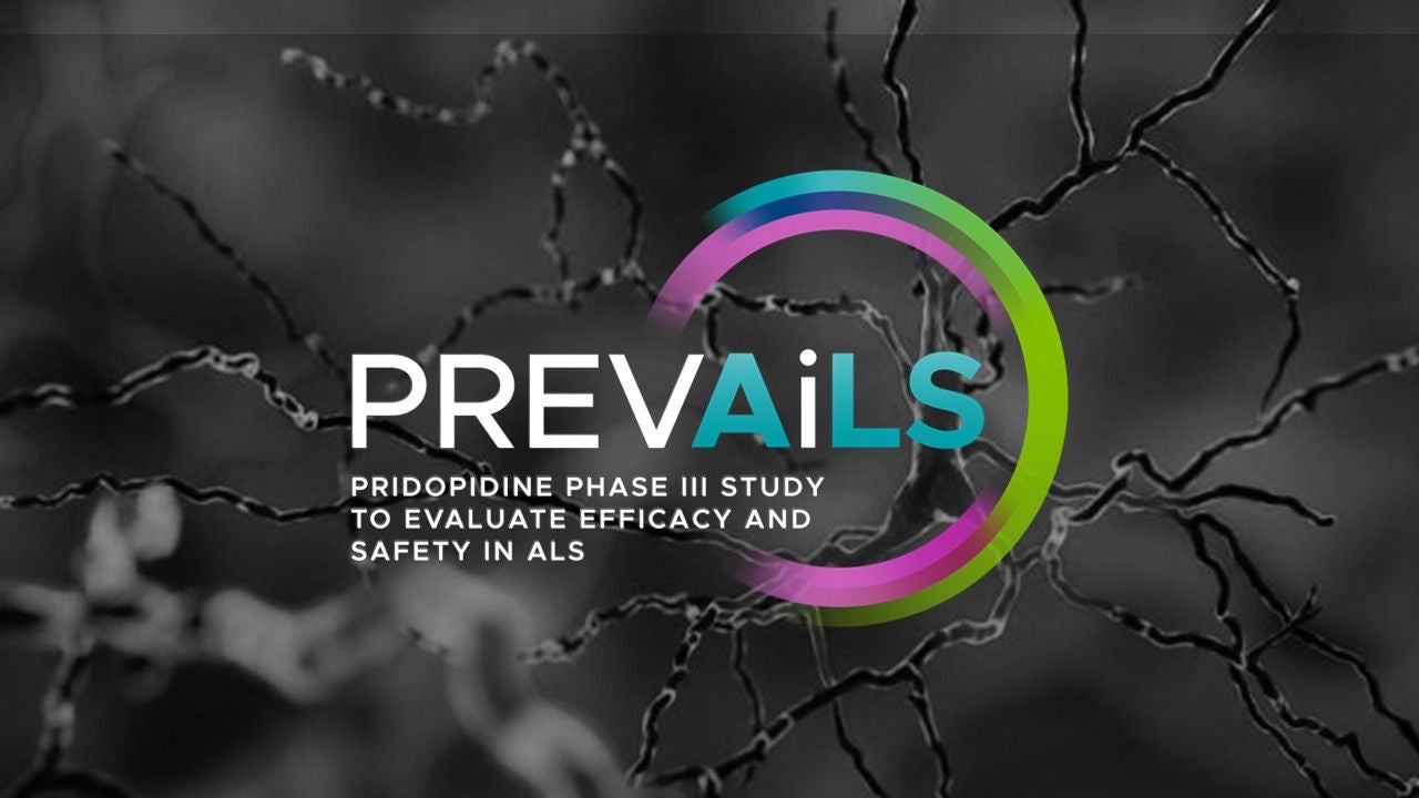 Logo de "PREVAILS" sobre un fons fosc de ramificacions neuronals amb el text "Pridopidine Phase III study to evaluate efficacy and safety in ALS".