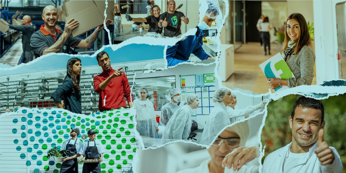 Collage de persones en diferents entorns professionals de Ferrer, com oficines, laboratori, producció i treball en equip, en una imatge que reflecteix diversitat i activitat corporativa.