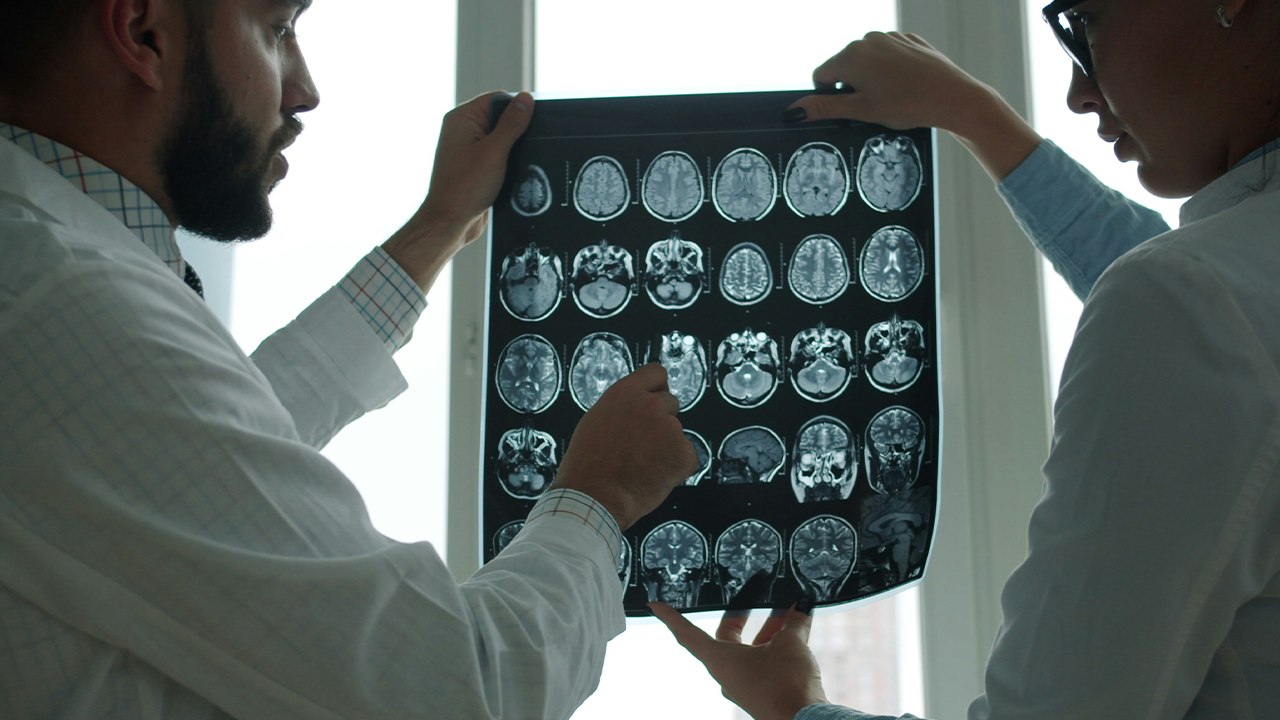 Dos professionals mèdics analitzen a contrallum una placa de ressonància magnètica cerebral davant una finestra en un consultori.