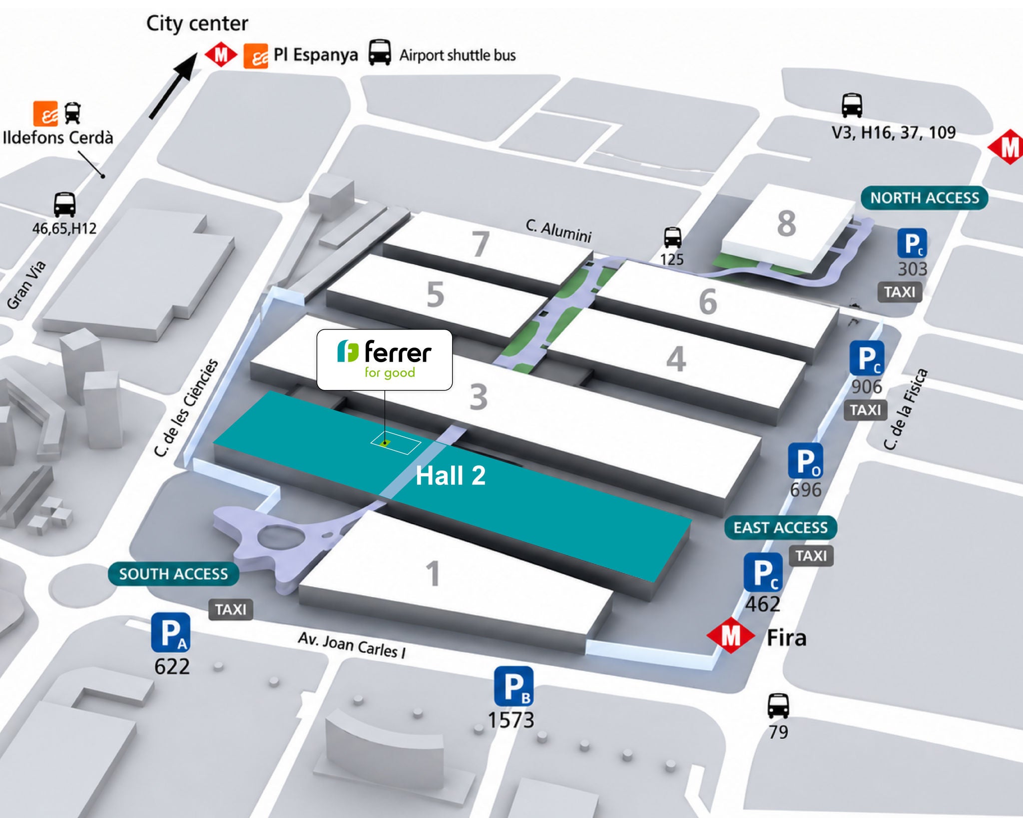 Mapa de Fira Barcelona Gran Via que destaca el estand de Ferrer (M.01) en el pabellón 2, con las principales entradas al recinto y los puntos de acceso al transporte cercanos.