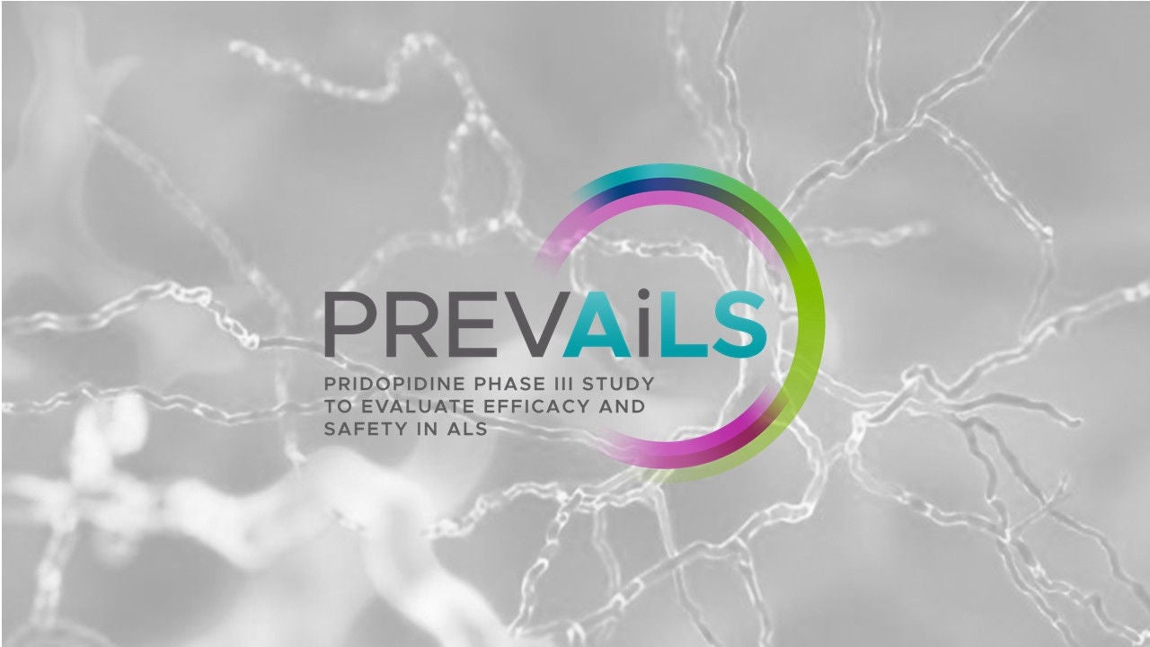 Logo de l'estudi clínic "PREVAILS" sobre fons gris amb ramificacions neuronals, acompanyat del text descriptiu de la investigació sobre l'eficàcia i seguretat de la pridopidina a ELA.