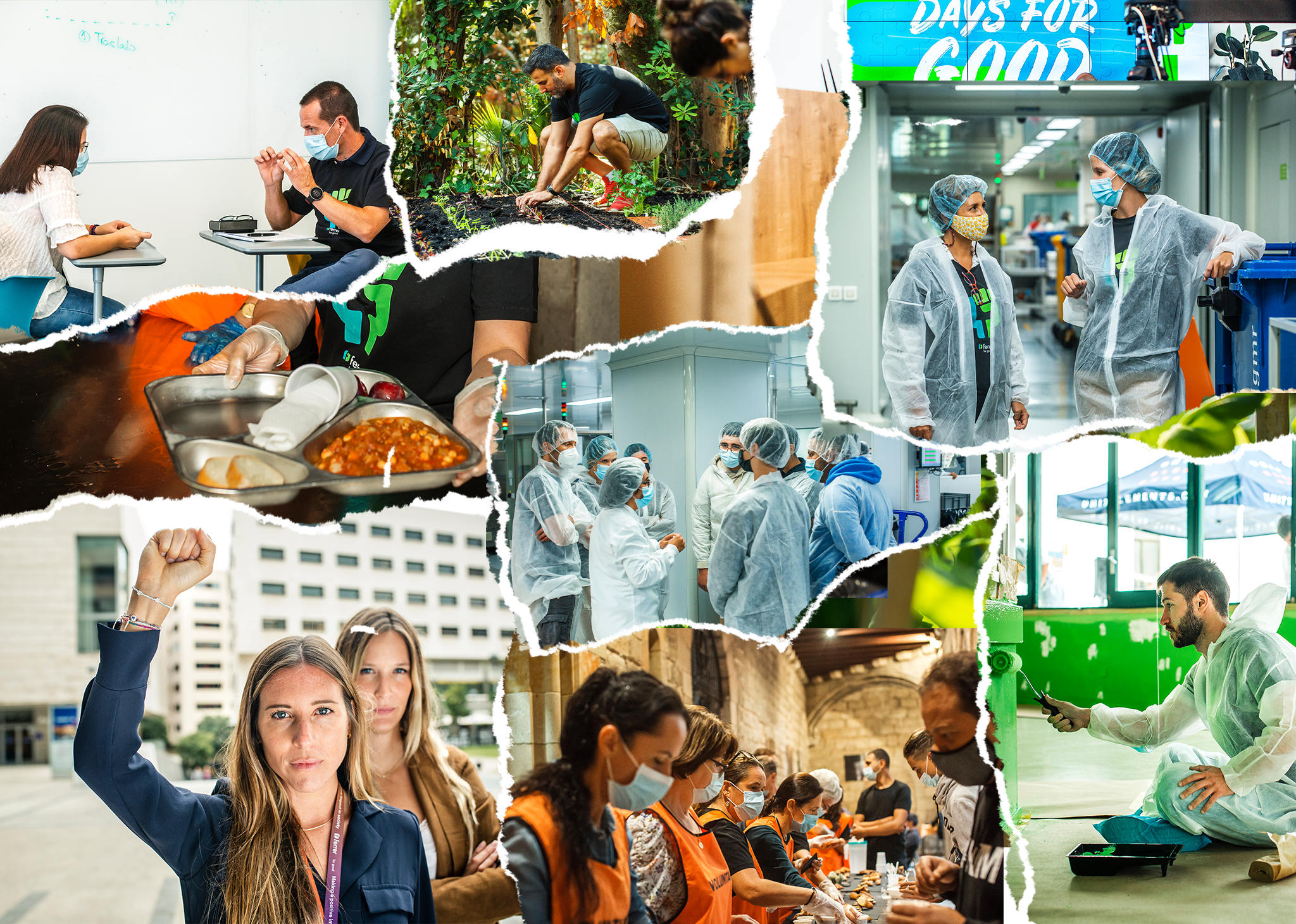 Un collage con estética de recortes de papel muestra diversas escenas de voluntariado, compromiso social y actividades de equipo en diferentes entornos profesionales y comunitarios.